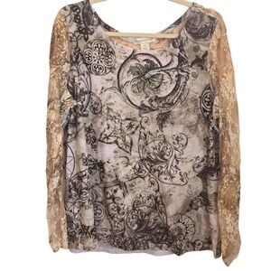 Y2K Christopher & Banks Women Long Sleeve Top Mixed Media Lace Artsy Euro XL